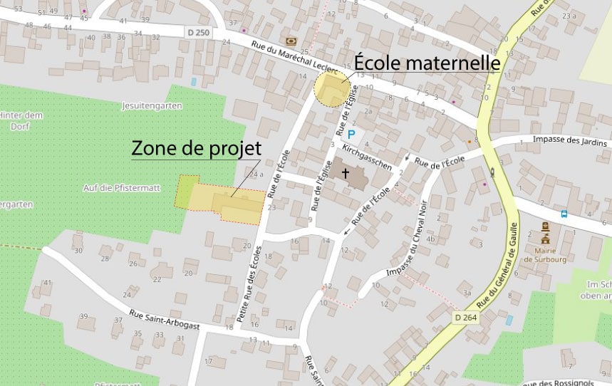 Carte de localisation du projet de création du périscolaire et de l'école à Surbourg